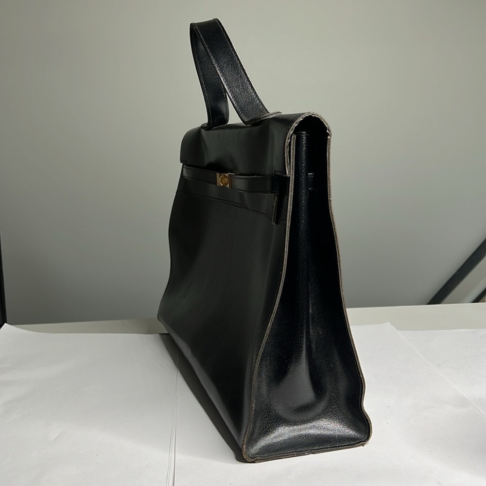 Vintage Large Black Leather Sellier Style Handbag Made in France - Picture 8 of 14